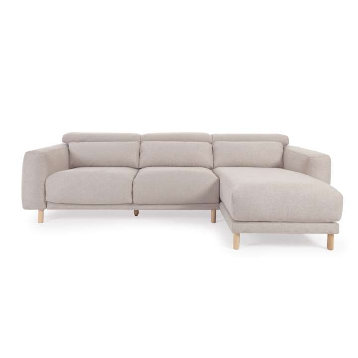 Priser på KAVE HOME Singa 3 pers. sofa, m. højre chaiselong - beige stof og natur bøgetræ